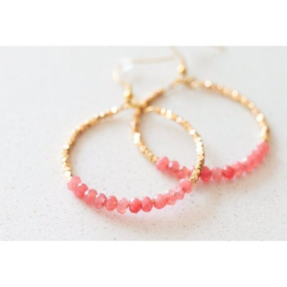 Red Jade Pink Sparkly Gold Beaded Earring Gemstone dangle hoops vacation jewelry - Picture 3 of 10